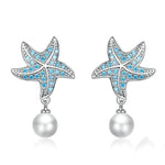 Ocean Blue Zircon Starfish Stud Earrings Shell Pearl Drop Earrings